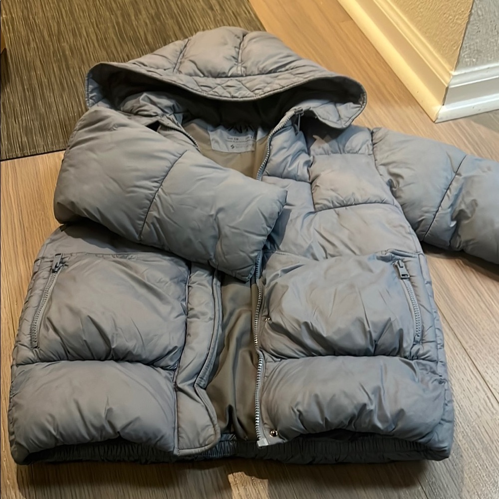 Zara Blue/Gray Puffer Jacket with Hood and Quilted Design